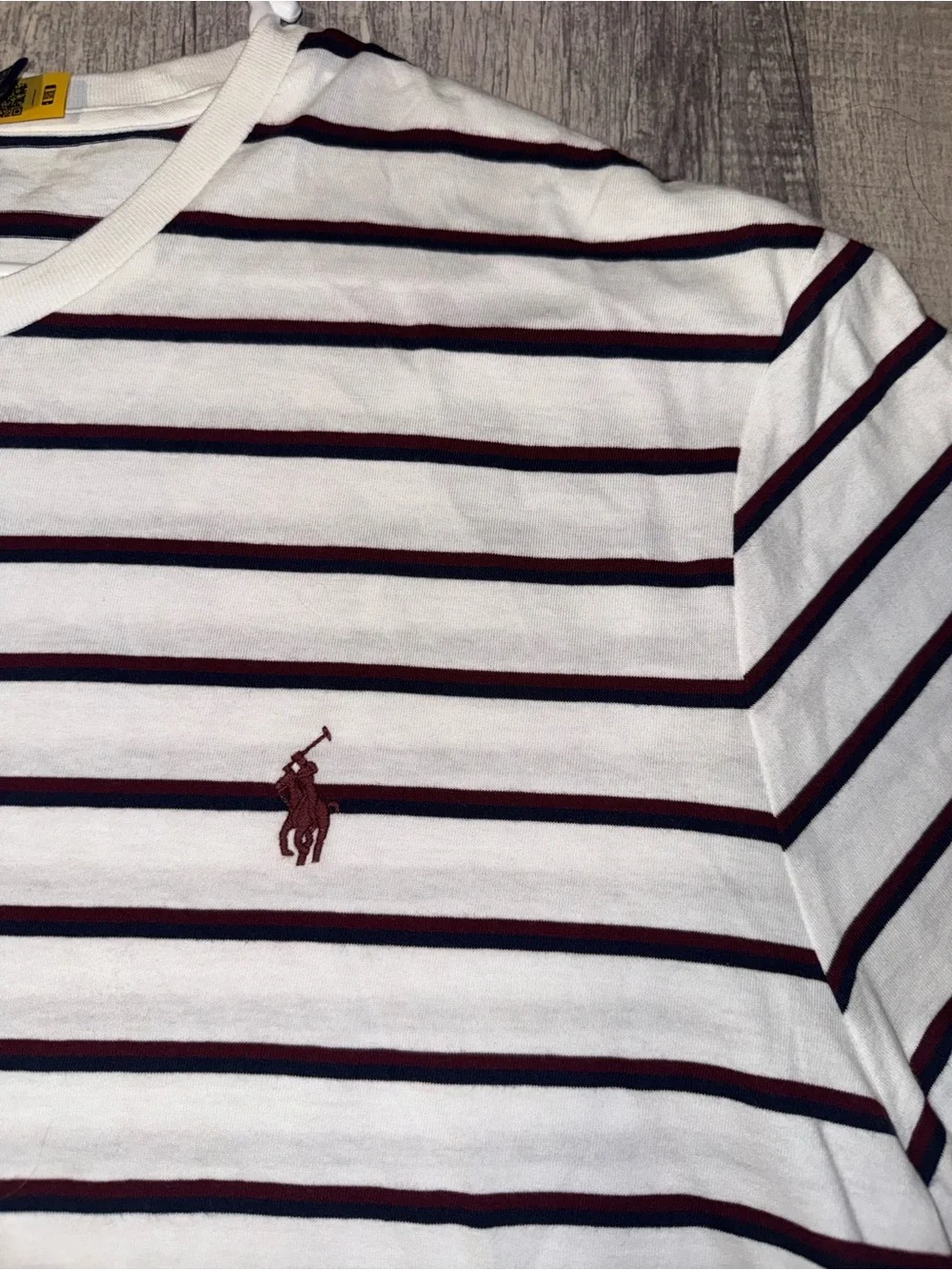 Polo Ralph Lauren Mens XL White Navy Burgundy Striped V-Neck Logo T-Shirt